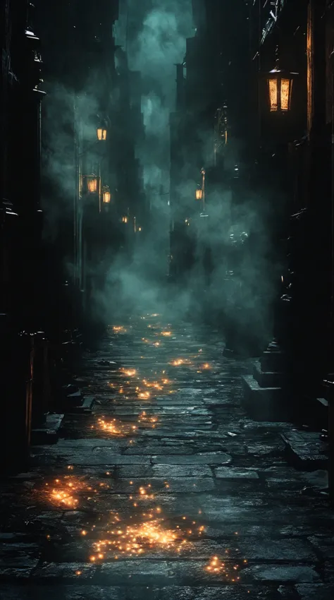 dark alley background in the night, orange lights, mystery atmosphere, real life, high definition, cinematic, thriller