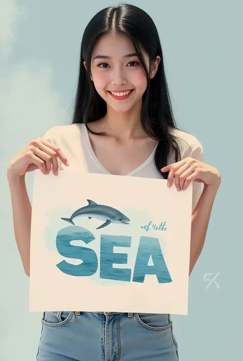 ((best quality)), ((masterpiece)), (detailed), perfect face, t-shirt, holding a poster with words "i love seaart" written