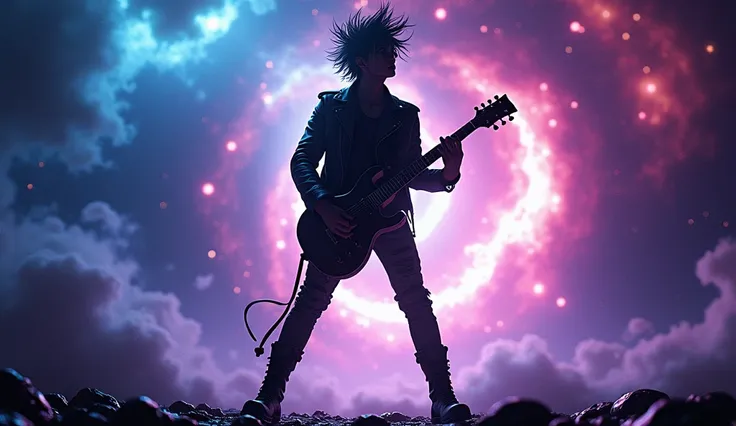 A high-resolution silhouette of a male rocker playing an electric guitar against a cosmic background, styled as a punk rocker. He stands in a powerful stance, dressed in punk attire with a leather jacket, ripped jeans, and tall boots. His hair is spiked or...