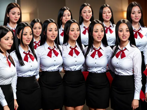 a large group of smiling busty black-haired clones wearing identical clothing, dress shirt, red bow on shirt, black pencil skirt...