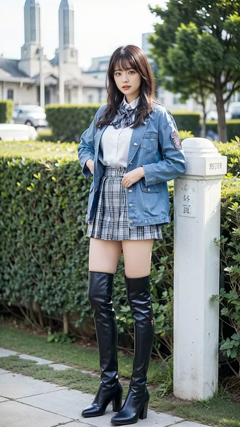 (8k、raw photo、best quality、masterpiece:1.2)、(realistic、realistic)、1 person、((light blue jacket、uniform、 plaid mile、 big breasts ...