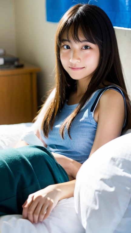 lens: 135mm f1.8, (Best Quality), (A typical Japanese female junior high school student)、Sit on a stylish bed