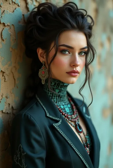 An Award-Winning Masterpiece, A beautiful Icelander princess woman, sleek fashion, sexy, enthralling tribal meets bohemian, teal,  bohemian jewelry, modern, textured peeling wall in background, graphite, raw, gritty, dirty, mix of colors & materials, intri...