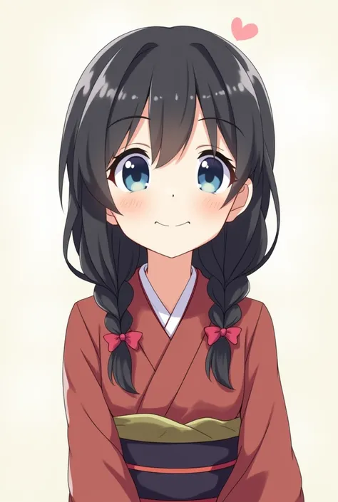 Imagine an anime-style girl /Fanart
Her black hair is tied in a low braid with a red ribbon at the top of her neck. His eyes are big and blue,  and she wears a reddish brown kimono with a dark obi .   Her expression is cheerful and she looks like a sweet a...