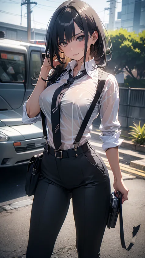 woman in a suit , belt, hands on back,  is sweating,  suspenders,  black pants ,  big breasts at the temple, see-through clothin...