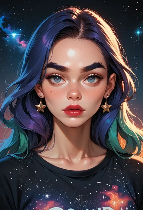 matte lipstick, girl, galaxy print, bold brows