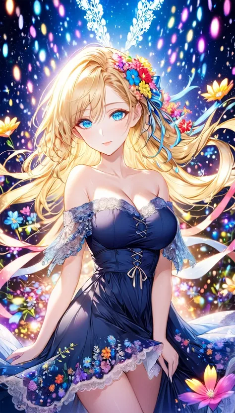 An anime-style figure is depicted, with long,detailed beautiful face and eyes，　(blue eyes )(looking at viewer)(Big breasts) flowing blonde hair adorned with colorful flowers and ribbons. The figure is wearing an off-the-shoulder dress with intricate lace a...