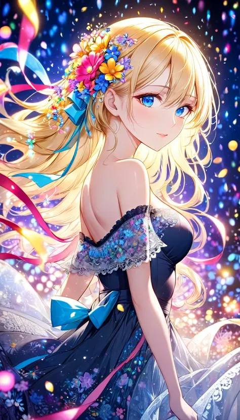 An anime-style figure is depicted, with long,detailed beautiful face and eyes，　(blue eyes )(looking at viewer)(Big breasts) flowing blonde hair adorned with colorful flowers and ribbons. The figure is wearing an off-the-shoulder dress with intricate lace a...