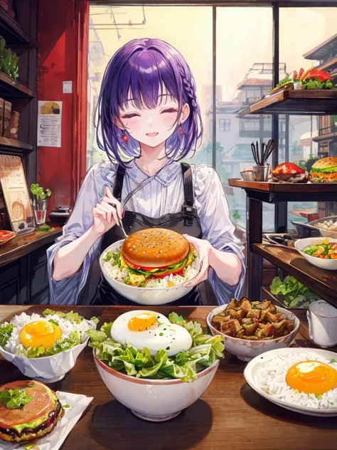 ((Best Quality)), ((masterpiece)), ( Details), view of a teishoku restaurant ,((Fried eggs, hamburger steak, and lettuce are on top of rice in a bowl on the table)), woman looking at a rice bowl ,sit,Happy Smile, close eyes, opens her mouth,Short cut side ...