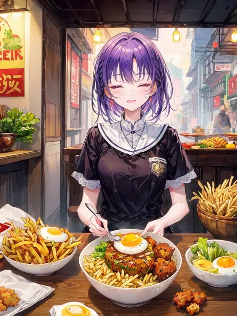 ((Best Quality)), ((masterpiece)), ( Details), view of a teishoku restaurant ,((Fried egg, hamburger steak, french fries, karaage, and lettuce are on top of the rice in the bowl on the table)), woman looking at a rice bowl ,sit,Happy Smile, close eyes, ope...