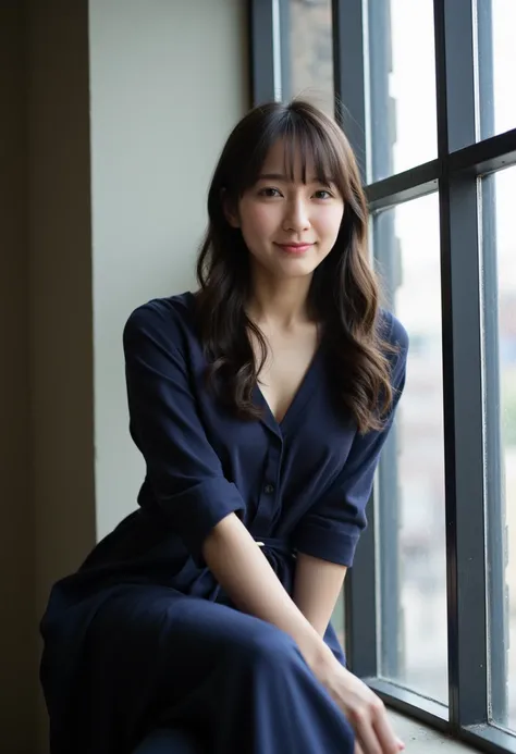 A highly detailed, photorealistic image of a young East-Asian woman with bangs sitting by a large window and grinnig, illuminated by soft natural light that enhances the depth and texture of her surroundings. She is wearing a stylish, elegant dark-blue dre...