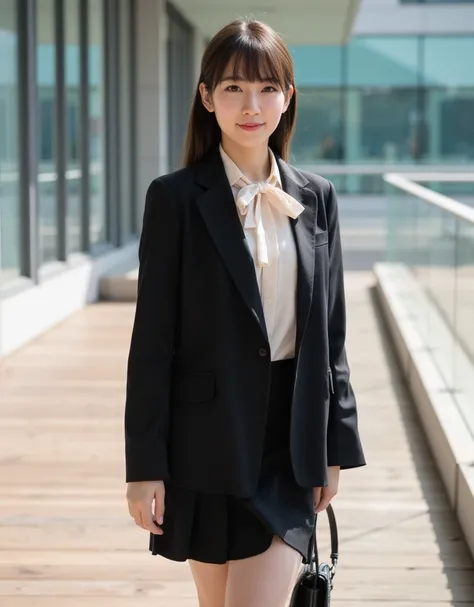 A highly detailed, photorealistic image of a young slender East-Asian woman with bangs dressed in a professional business outfit, standing on a modern outdoor walkway with a sleek, glass railing in the background. She is wearing a tailored black blazer ove...