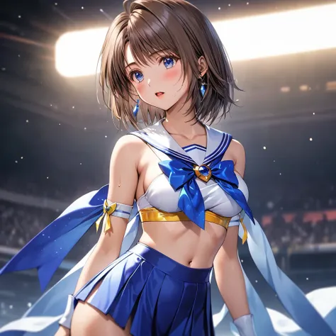 masterpiece, Best Quality, High resolution,16k,official art,super detailed skin,detailed,animated painting,(Yuna),(Final Fantasy 10),1990s (style),(E-cup beautiful breasts)、 (tall:1.2),height: 175cm,Fashion model body type、(sailor mercury costume:1.5),Sexy...