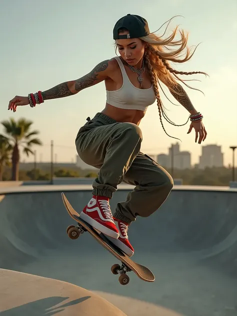 cute stunning love goddess, age 23, skater  girl, riding a skateboard, (in the air in an epic jump), fit body with curves. she’ wearing a crop tank top, baggy cargo pants, and a backwards cap, the character is smooth and agile, american Korean mix ethnicit...