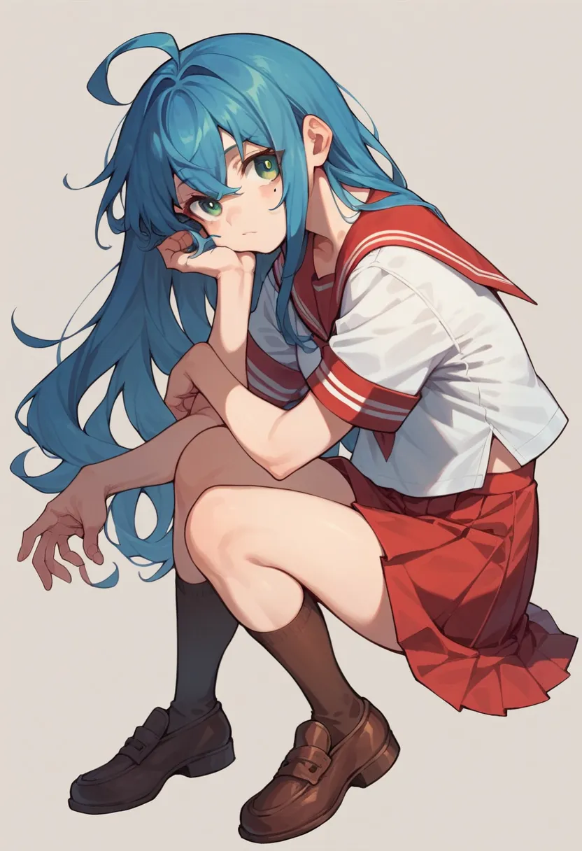 Konata Izumi, 1girl, solo, :3, long hair, ahoge, green eyes, mole, blue hair, serafuku, red skirt, red sailor collar, shoes, brown tighhighs, 