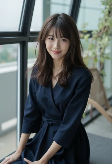 A highly detailed, photorealistic image of a young East-Asian woman with bangs sitting by a large window and grinnig, illuminated by soft natural light that enhances the depth and texture of her surroundings. She is wearing a stylish, elegant dark-blue dre...