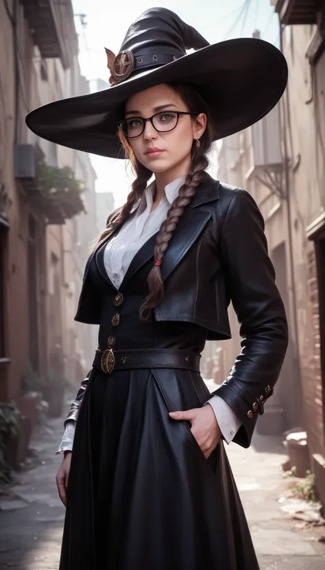 a beautiful woman with long braided hair, wearing a witch hat and glasses, with a busty figure, standing in a mysterious alley, ...