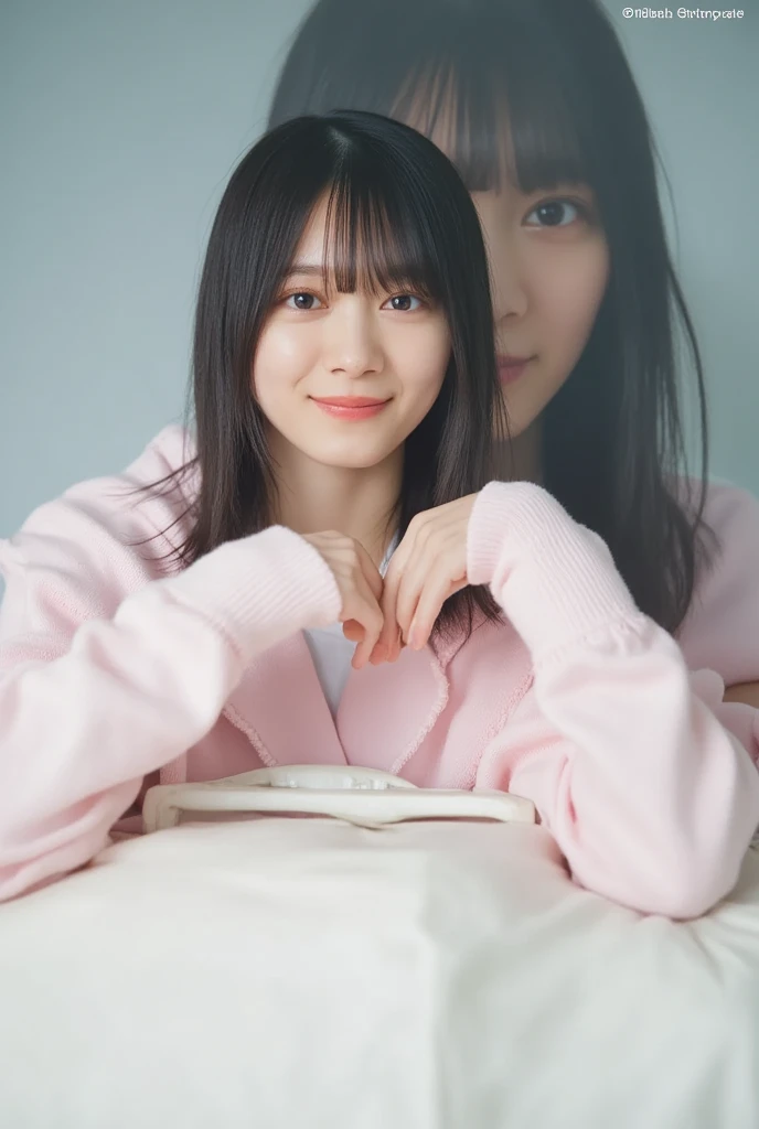 They are wearing off-shoulder pajamas, making a firm big heart shape with both hands, and holding them in front of their chest, View above collarbone、Throat up for a cute smile、Monotone background

