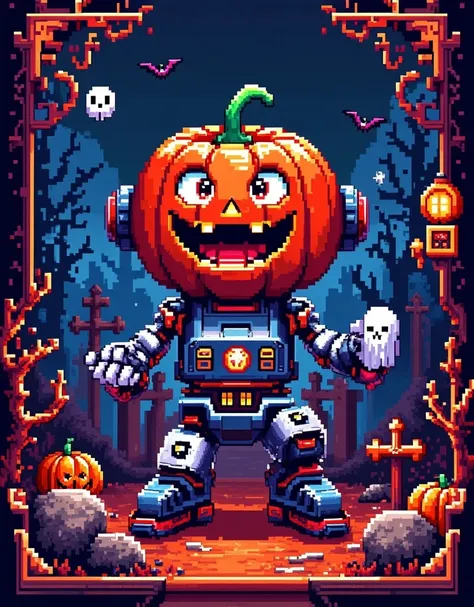 retro pixel games ，halloween night，（a mechanical pumpkin ，open your mouth，big eyes，red light， silver and blue tones ， the transp...