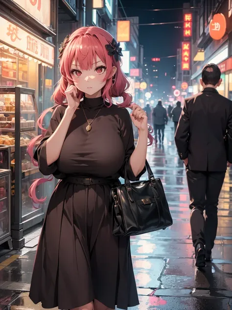 (​masterpiece、top-quality、hight resolution、Unity 8k、extremely details CG:1,Best Picture), ilulu, "A street scene at night with a female escort waiting for customers, slightly surprised as a potential client approaches her first. The woman, dressed modestly...