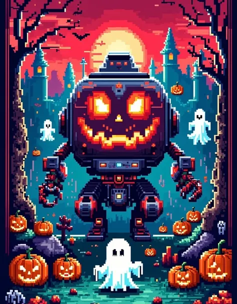 retro pixel games ，halloween night，（a mechanical pumpkin ，open your mouth，big eyes，red light， silver and blue tones ， the transp...