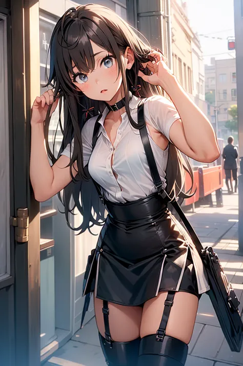 Brown hair、watching at viewers　　　black suspenders　　　Bulging big breasts　　 　 　　　walls: 　Black miniskirt　garters　　　　　　Gaze　　　Small face　bangss 　　　holster　　　Beautuful Women　　hands up　　レッグholster ベッドに横たわる　　Gaze 　black boots panty shot　provocation　flank　flank汗　...