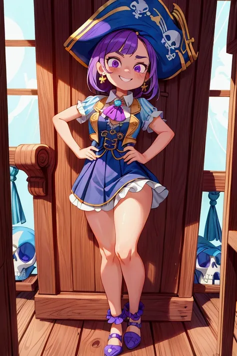 ( masterpiece , la mejor calidad) Standing, interior, intricate details , Sunlight,  dress with sky blue and white striped ruffles short collar,  pirate vest , pirate style, skull emblem ,  cute pirate hat, gold earrings, shoes blue , violet hair,  purple ...