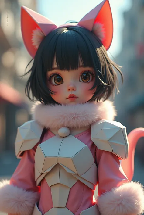 1 supercute girl in kitty wear a origami gundam armor, fur, bokeh,Super 8mm lense, Extreme close-up, High Contrast cinematography effect, Natural Lighting, Desaturate color grading, high quality, ultra detail, 8k resolution