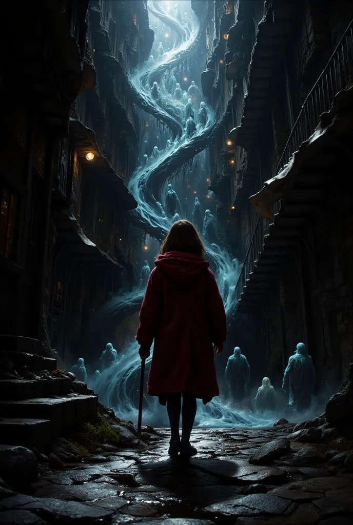 a mysterious, eerie alleyway resembling diagon alley from harry potter, with a cluttered, claustrophobic feel. the narrow passag...