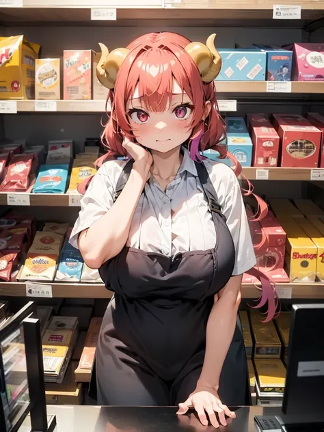 (​masterpiece、top-quality、hight resolution、Unity 8k、extremely details CG:1,Best Picture), ilulu, horn, Perspective of a cashier at a convenience store. There is one small box on the checkout table in front of her. A young woman stands in front of the cash ...