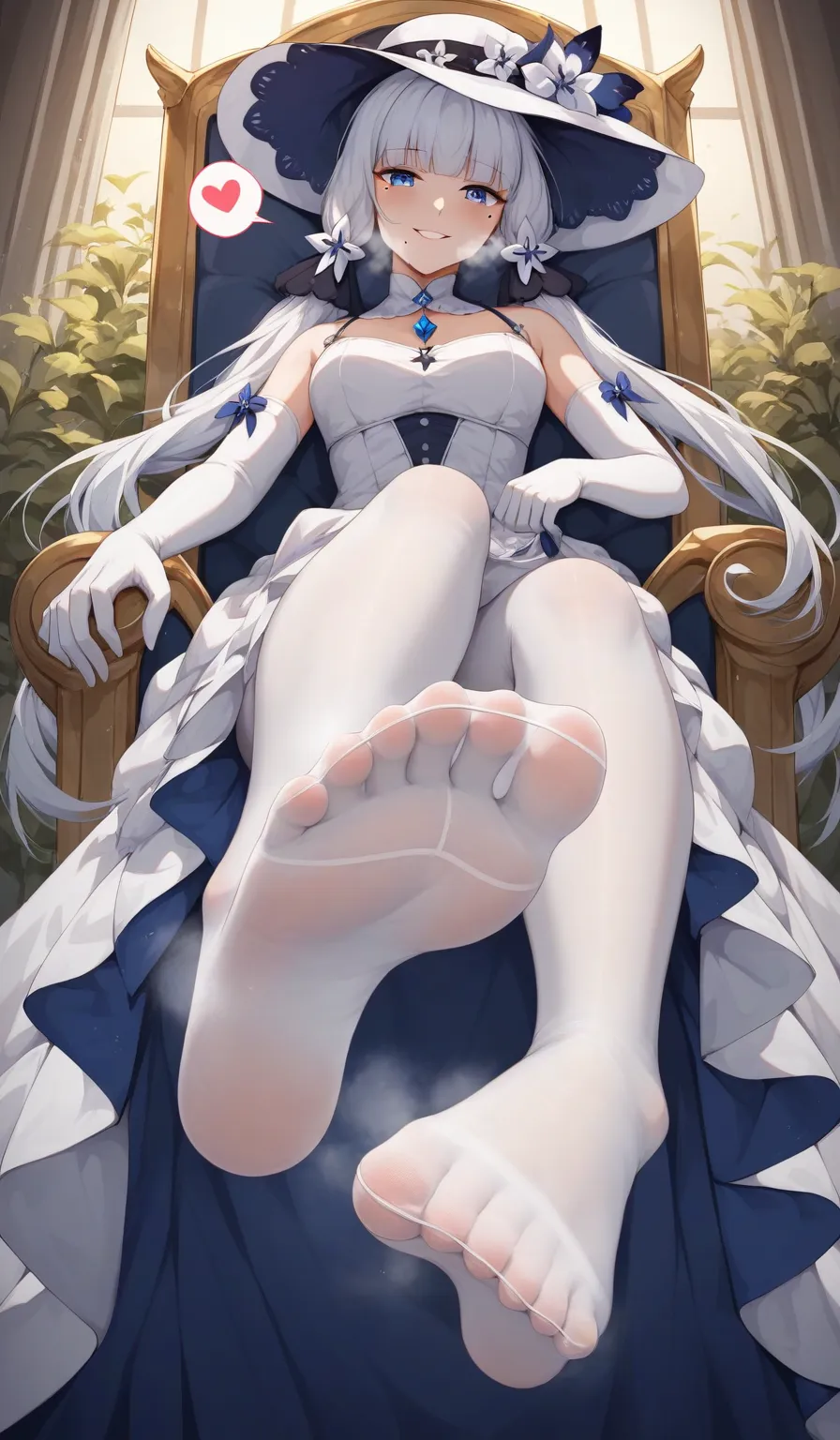 illustrious, blue eyes, hair ornament, hair ribbon, long hair, mole, mole under eye, white hair,
dress, elbow gloves, gloves, hat, ribbon, white dress, white gloves, white headwear, {{{{{white pantyhose}}}}}, Sitting at the throne, Low Angle, Foot Focus, P...