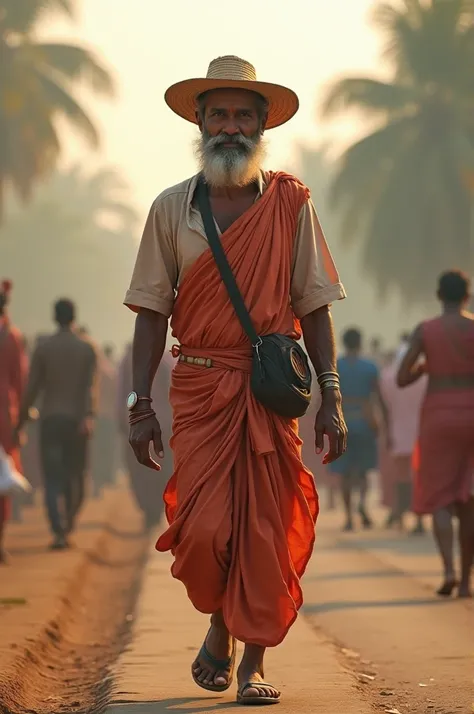 Generate a hyper - realistic image of Indian  village farmer wearing farmer dress , walking in india metro city 