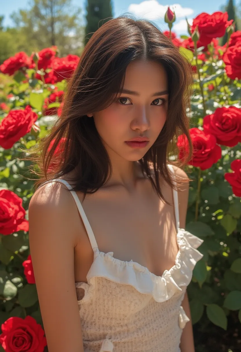 thai woman with long hair ,wearing a cleavage white dressed in ruffled hem chemise lingerie, pose , a vibrant garden of red rose...