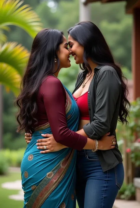 A 28 year old indian busty women ((Large breast)) wears Blue printed Saree with long sleeve Dark Red blouse and other 28 year old indian Busty women ((Large breast)) wears Charcoal open Shirt with Red Inner and Denim jeans and Both Kissing in resort, High ...