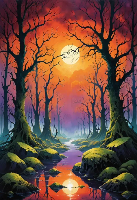 (  depicts a painting by Dorothy Lathrop and Aaron Horkey:1.5)，dark swamp ，Dry tree， flooded ruins ， mystical landscape photography , glowing oil painting style ，Deep purple marshland ， cover art for mystical books , Full of suspense, Dark, atmosphere, Dar...