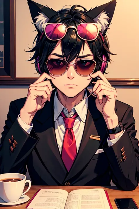 in a cafe, an adult man, a little bit aging, anime-like character, wearing stylish Italian black jacket, wearing pink and white tie, dandy atmosphere, black headphones on, wearing see-through sunglasses, wearing cat ears on head, white-red-green three-colo...