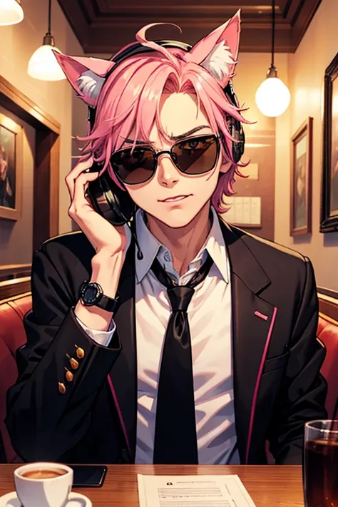 in a cafe, an adult man, a little bit aging, anime-like character, wearing stylish Italian black jacket, wearing pink and white tie, dandy atmosphere, black headphones on, wearing see-through sunglasses, wearing cat ears on head, white-red-green three-colo...