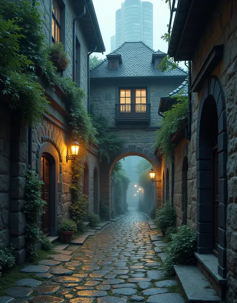 (( in the foreground is a modern city(metropolis)  skyscrapers,asphalt,  in front of us is a house in it, an arch ,))  through the arch you can see a mysterious mythical alley .  where magic flows from ancient walls lined with large cobblestones , where a ...