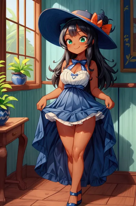 (masterpiece, best quality) standing, indoor, intricate detail, sunlight, navy blue and orange white frilly dress, navy blue shoes, black hair, cute cowgirl hat, green eyes, dark skin, smiley, sexy pose, coquette, gorgeous legs, mature teenager body, lovel...