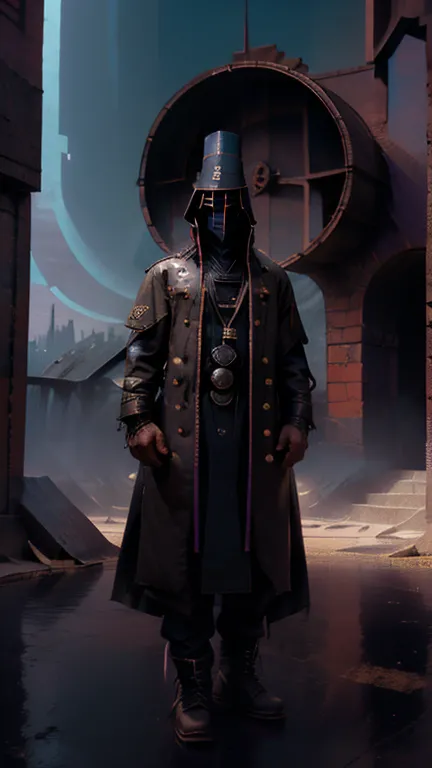 demon hunter, equipped with two pistols, with a large hat that partially covers his face, a masculine and battle-hardened man, wearing a long black trench coat, symbols of protection all over his body, purple glasses, pendants on his neck, rosary religious...