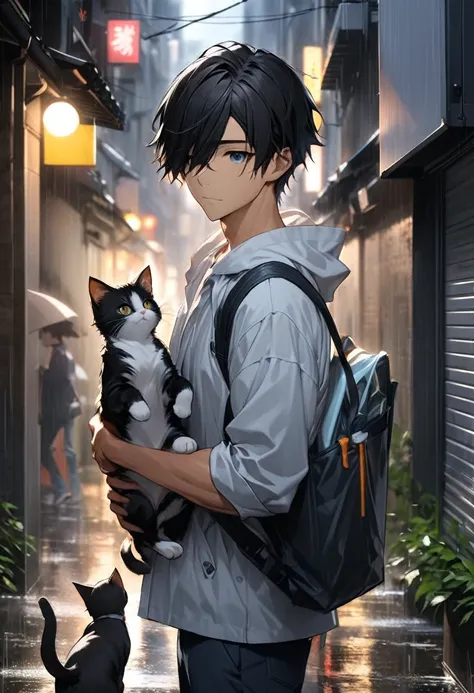 dark haired young man"Asuka" is a composition where she protects a kitten in the rain with a cleaning job in an unmanned alley, Composition of a young man ･Asuka ,  A composition of 2D digital art  (( motion blur：3.0,  background blur)),