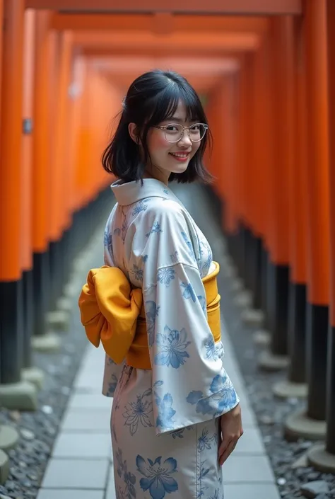 Ultra Realistic A young woman dressed in a traditional Japanese kimono,adorned with soft blue and white floral patterns. The kimono has a serene,delicate design,and a vibrant yellow obi (sash) tied in an intricate bow at her back,adding a pop of contrastin...