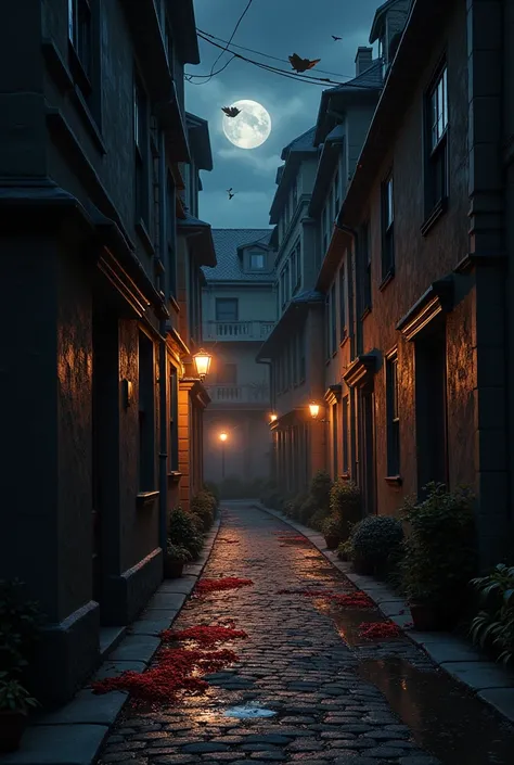 Mysterious Alley，Halloween，blood,  dark , atmosphere, night, glow, (masterpiece:1.3) ( best quality:1.2) ( high quality :1.1)