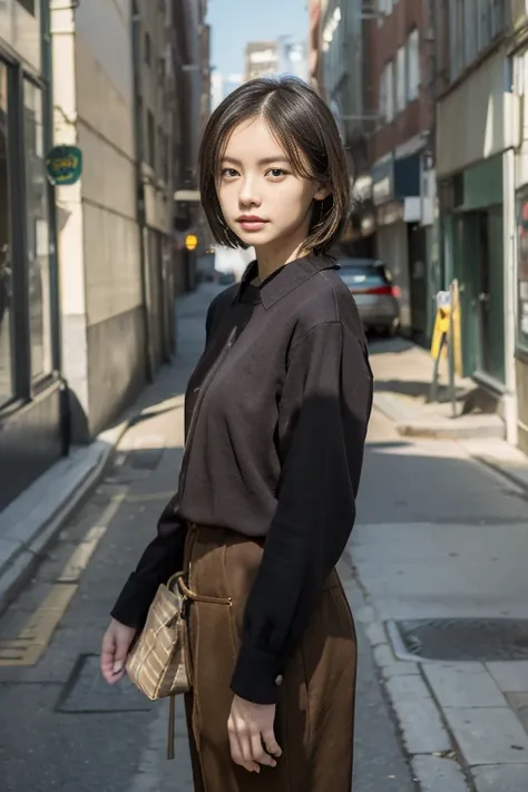 ((top-quality, 8K, ​masterpiece:1.3)), sharp focus:1.2, Beautiful Women in Perfect Style:1.4, Slender Abs:1.2, full body, wearing long sleeve shirts wide long pants, ((weavy dark brown short hair:1.2)), (natural soft light, City Street:1.1), Highly detaile...