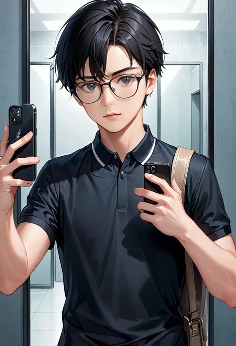 a  boy capturing a mirror selfie with a mobile, the boy is wearing black glasses and has a black hair, he is wearing a polo shirt, the image background must be grey