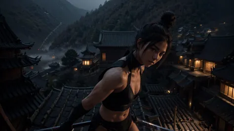 a highly muscular female ninja with 1 katana, the upper coltes are made of net. naked thorso, detailed abs and muscles, dark out...