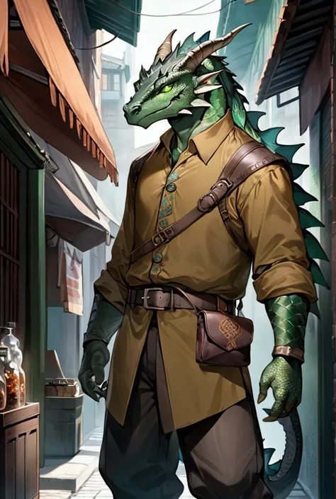 FULL body image of a green Dragonborn, with bright green scales covering his face and body. His face resembles that of a dragon, with a pointed snout and sharp teeth peeking from the edges of his mouth. His eyes are focused, carrying a tough yet curious lo...