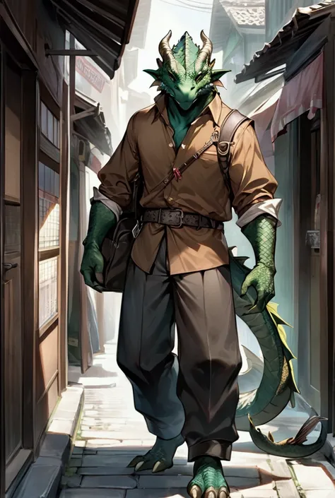 FULL body image of a green Dragonborn, with bright green scales covering his face and body. His face resembles that of a dragon, with a pointed snout and sharp teeth peeking from the edges of his mouth. His eyes are focused, carrying a tough yet curious lo...