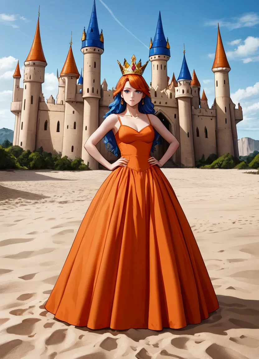 masterpiece, best quality, solo, 1girl, orange hair, blue hair, :d, orange dress, looking at viewer, outdoors, sand, sand dunes,...