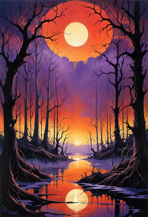 (  Depicted in painting by Dorothy Lathrop and Aaron Horkey:1.5)，Dark swamp ，Sunset， Low, Dry Trees ，Fallen Trees ， flooded ruins ， mystical landscape photography , glowing oil painting style ， dark purple marshland ， cover art for mystical books , Full of...